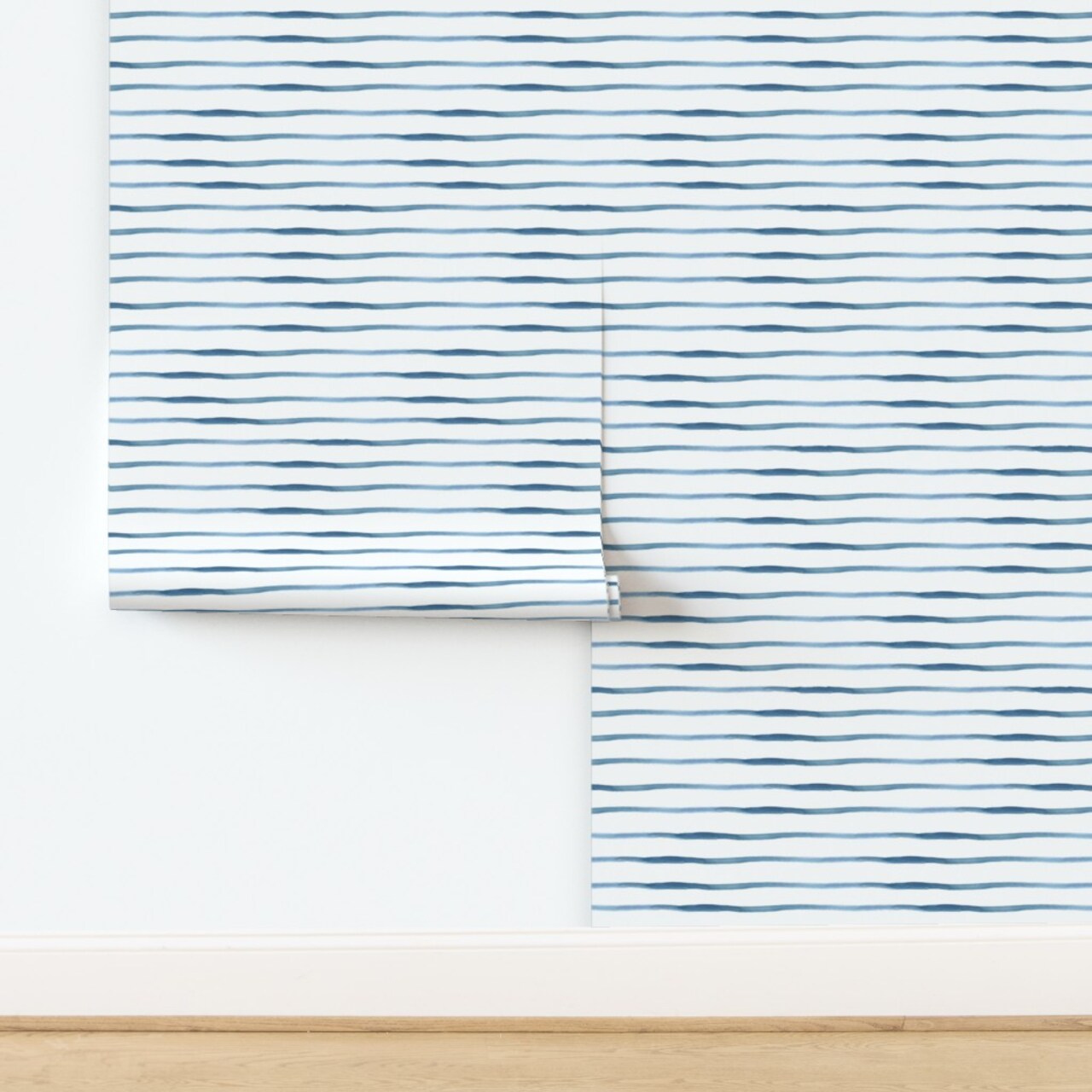 Modern Nautical Coastal Stripe Blue White Baby Boy Custom Pre-pasted Wallpaper by Spoonflower Pre-Pasted Wallpaper 2FT Wide